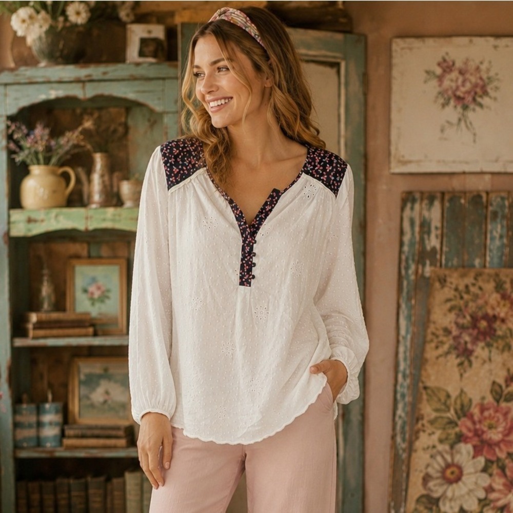 Matilda Jane Womens White Eyelet Lace Floral Mixed Media Boho Blouse Large